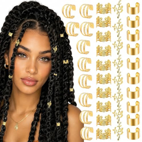 IEBTAWN 40 Stück Haarperlen Set für Dreadlocks, Goldene Metall-Haarschmuck mit 10mm Durchmesser, Einfach zu Tragen für Hochzeit, Party und Alltag