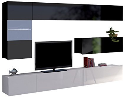 Moderne Wohnwand Calabrini IV, Anbauwand, Mediawand, TV Lowboard, Hängevitrine, Wandregal, Fernsehschrank (mit weißer LED Beleuchtung, Schwarz + Schwarz Hochglanz/Weiß + Weiß Hochglanz)