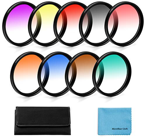 Fotover Verlaufsfarbfilter-Set, 72 mm, 9-teiliges Verlaufsfarbfilter-Set, Zubehör für Canon, Nikon, Sony, Pentax, Olympus, Fuji, DSLR-Kamera + Objektivfiltertasche