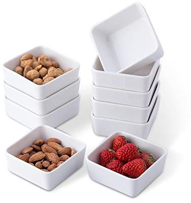 Juego de 10 cuencos de porcelana de 3.5 pulgadas, para picar y sumergir, color blanco, elegante cuadrado, para creme brulee, soufflé y salsa, condimentos