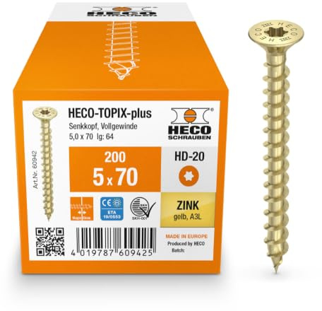 HECO-TOPIX-plus Holzschraube 5 x 70, Senkkopf mit Frästaschen, HECO-Drive, HD-20, variables Vollgewinde, verzinkt gelb, A3L, 200 Stück