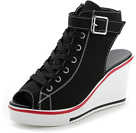 ALLINNINE Women's Topic Open Ankles Slide Peep Toe Buckle Strap Flatform Wedge Casual Sandals 3.15 inches Heels Slingback Shoes (Peep-Toe Black, 10)