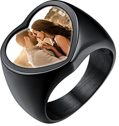 U7 Ringe für Herren Damen Personalisierter Ring mit Foto/Geburtsstein Edelstahl Siegelring mit Farbbild/Schwarzes Bild Fingerring mit Gravur Bandringe Memorial Souvenir Modeschmuck für Geburtstag