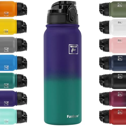 Fanhaw 600ml Trinkflasche Edelstahl mit 1 Deckel (Chug Deckel) - Für Schule, Kinder, Frauen, Männer | Auslaufsicher & Schweißfest mit Anti-Staub Deckel (Lila Grün)