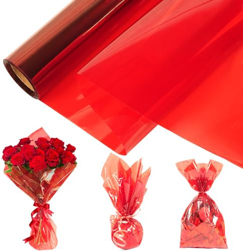 Cellophan Rolle Groß Rot, Cellophanfolie Rolle, 30Mx40CM Cellophan Transparent Geschenkpapier, Zellophanfolie Transparentfolie Cellophanfolie für Blumen Geschenkkörben