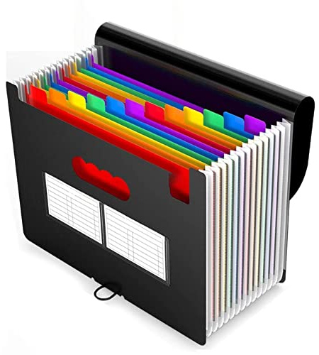 12 Fächer Dokumentenmappe A4 Akkordeon Aktenordner Organizer, Tragbarer Schreibtisch Dokumentenkasten, Projektmappe aus Kunststoff, für Klassenzimmer, Zuhause, Büro und Reisen (Mehrfarbig)
