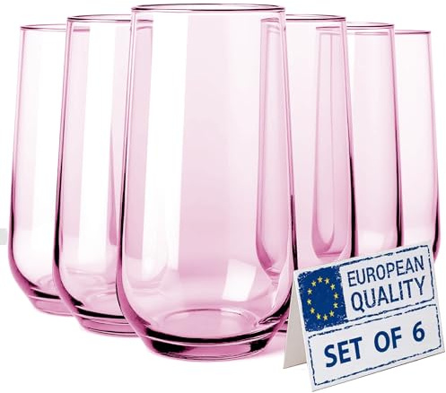 Biandeco Tom Collins Lot de 6 verres Highball roses en cristal pour boissons longues - Pour cocktail, mojito, eau, bar