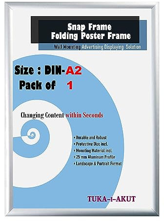 TUKA-i-AKUT A2 Marcos Plegables de Aluminio, Marco para Carteles Póster Fotos con Aluminio Perfil de 25 mm, Clic Sistema y Material de Fijación, Marco Intercambiable Color Plata TKD8420-A2