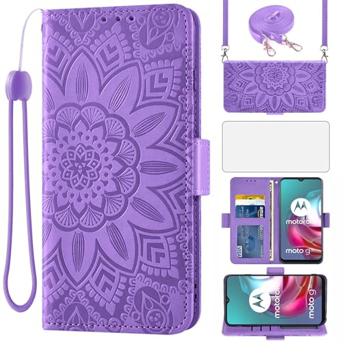 Asuwish Funda para Motorola Moto G30/G20/G10 con Cuerda y Cristal Templado Protector de Pantalla Soporte Tarjetero Cuero Libro Cartera Carcasa G 30 20 10 Power 30G Wallet Phone Cover Case Morado