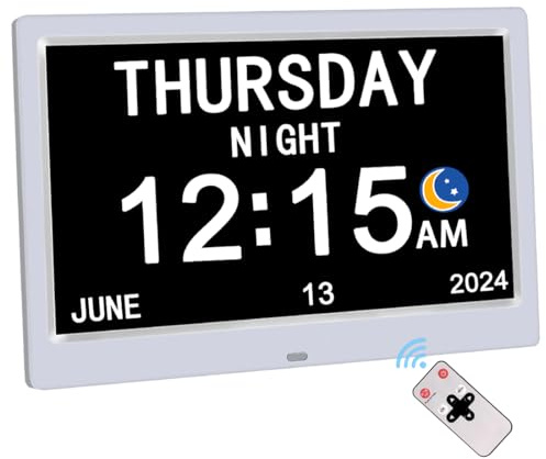 AINFTIME Reloj digital con fecha y día de la semana para ancianos, 12 alarmas, recordatorio de medicamentos, demencia, Alzheimer, calendario con pantalla extragrande (10.1 pulgadas, blanco)