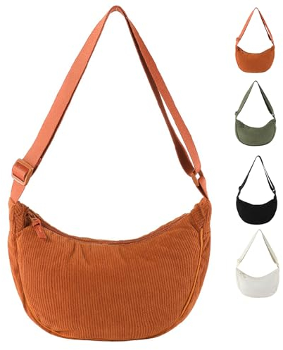 LOCCY Crossbody Bag Damen Cord, Halbmond Tasche Damen Cord, Einfarbige Halfmoon Bag Kord mit Verstellbarer Schultergurt für Frauen Reisen (Orange)