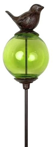 Tuteur Boule Vert Pic de Jardin Coloré Décoration de Jardin à Planter Motif Oiseau en Fonte et Verre 10x10x117cm