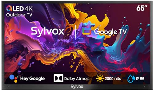 SYLVOX 65 Zoll Outdoor TV, 4K UHD QLED Google Outdoor Fernseher | 2000 Nits, Sprachassistent, Dolby Atmos, IP55 Wasserdicht TV für Garten, Terrasse, Pool &Gewerberäume(Pool Pro 2.0 QLED)