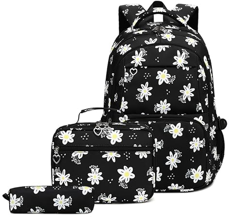 TCYIN Schulrucksack Teenager Mädchen Schule Rucksack Damen Schulranzen Wasserdicht Kinder Schultasche Bookbag Daypack für Reise Sport(Rucksack set Schwarz)