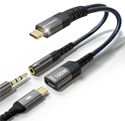 KiwiBird USB C auf Klinke Adapter und Laden USB C Kopfhörer Adapter und Laden USBC 3,5 Audio Kopfhöreradapter Hi-Fi DAC PD 100W, Kompatibel mit iPad iPhone 16 15 Plus Pro Max Galaxy S25 S24 Android