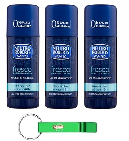 Neutro Roberts, deodorante Stick Uomo Fresco essenza marina, deodorante stick per uomini, 0% sali di alluminio, 40 ml + portachiavi Beni Culinari