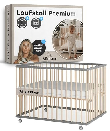 Sämann Laufstall Baby mit Lattenrost | stufenlos höhenverstellbar | Laufgitter Premium | Babybett aus Holz | Krabbelgitter (grau/natur, 75x100 cm)