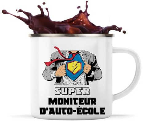 Planetee Tasse métallique Super Moniteur d'auto-école | Mug Émaillé Métal Timbale Camping et Randonnée Métier Collègue Cadeau Travail Boulot Départ Retraite
