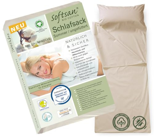 Softsan Allergiker Schlafsack Bio Baumwolle mit integriertem Milbenschutz Encasing, gefüttert/ungefüttert 80 x 180 cm, für unterwegs, Allergie-Schlafsack