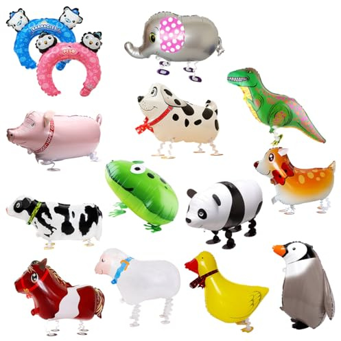 13PCS Walking Tier Folienballons, Karikatur Helium Ballons Gas mit 2 Ballonköpfen, Airwalker Luftballons Tiere für Thematische Party Deko Mitgebsel