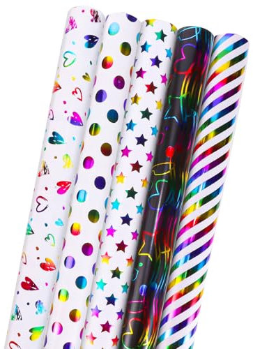 woric 5 Rollen Geschenkpapier Geburtstag, 43cm x 3m Geschenkpapier Rolle Bunt Geschenkpapierrolle Set für Weihnachten Kindergeburtstag Hochzeit (Mehrfarbig)