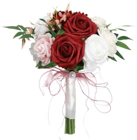 VIEWLEAF Bouquet de mariée artificiel avec hortensias et eucalyptus - Couleur baies et roses - Bordé à la main - Bordeaux
