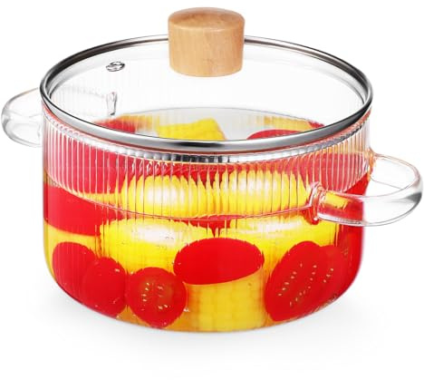 BESPORTBLE Marmite à Mijoter En Verre 1,6 l Avec Couvercle, Casserole En Verre Transparent Avec Poignées En Bois, Résistance Haute Température, Pour Cuisinière Et Préparation De Soupe Familiale