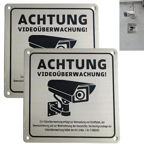 Syiyunran Cartello Per Videosorveglianza - Argento 2pc Include Avviso Gdpr 15×15cm Alluminio Adesivi Classic Telecamera Di Sorveglianza Metallo Video Sotto Area Protezione Dei Dati Personali