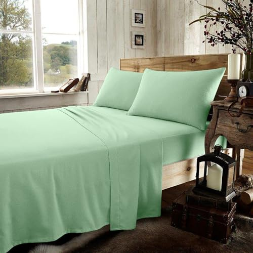 GC GAVENO CAVAILIA Flannel Plain King Size Fitted Sheet- 100% Brushed Cotton Bedding Flat Sheets For Bedroom - Flannelette Sheets with Cotton Pillowcases - Sage Green