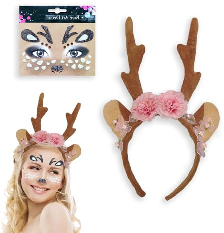 Xiujuers Rentier Haarreifen, Rentier Haarreif Weihnachten, Reh Geweih Haarreif mit Gesichtsaufkleber, Geweih Kopfschmuck, Rentier Geweih Haarreifen, Rentier Geweih Kopfschmuck für Kinder Erwachsene