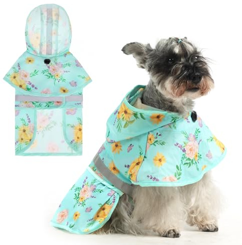KOOLTAIL Dog Raincoat Hooded Slicker Poncho with Leash Hole, Rain Coat for Small Medium Dogs, Waterproof Doggie Rain Jacket with Reflective Strip, Adjustable Lightweight Puppy Rainwear, Green Flower S