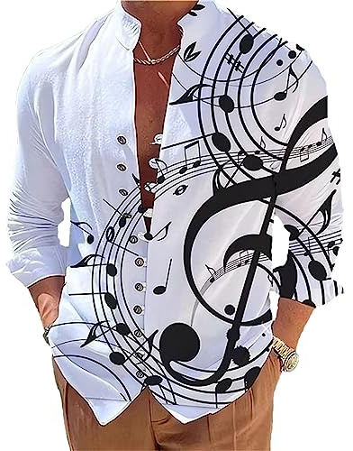 ChahuerOu Chemise à Col Montant à Manches Longues pour Hommes Printemps Eté Mode Lâche Note De Musique Chemises Imprimées XXL