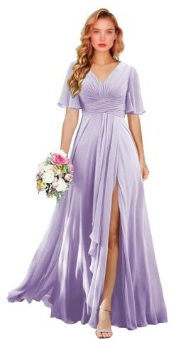 Vestido largo de gasa para dama de honor con cuello en V para mujer, con mangas, vestido de noche formal con abertura y volantes, vestido de invitada de boda con bolsillos, Lila, 48 Grande