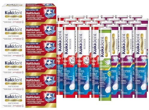 Kukident Set: Anti-Zahnstein 1x30, Zahnweiß 12x30, Aktiv Plus 12x33 Tabs, Haftcreme 6x40g – XL-Komplettset für intensive Zahnprothesenpflege mit Reinigung, Haftung & Frische
