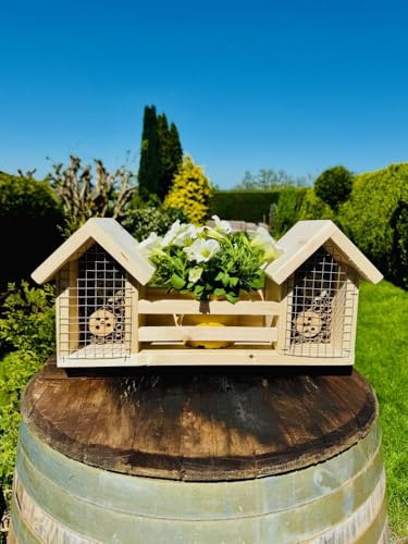 DARLUX Hotel per insetti in legno fatto a mano, misura L, per api selvatiche, casetta per insetti, fioriera naturale, 20 x 48 x 14 cm (altezza x larghezza x profondità), resistente alle intemperie