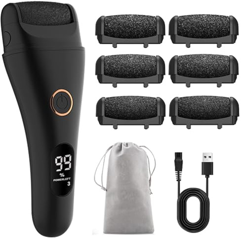 Removedor eléctrico de callos – Eliminador de callos de los pies eléctrico – Remover callos eléctrico con 3 engranajes, 6 rodillos de repuesto, lima de pies resistente al agua para talones agrietados