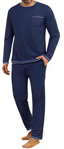 Demegimi Men's Pyjama Set Short Sleeve Crew Neck Pjs Top and Long Lounge Pants Soft Plain Mens PJS Sets Nightwear Loungewear