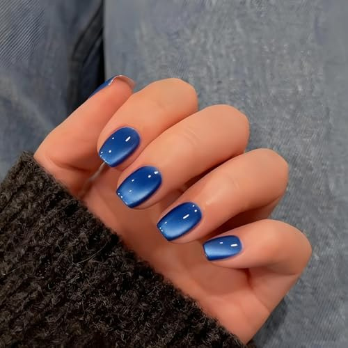 KQueenest Katzenauge Königsblau Press on Nails Kurz, Gel Nägel zum Aufkleben Eckig, Sparkle Glitzer fake Nails Kurz Sarg, Spiegel Effekt, Glasiert Chrome Kunstnägel Frauen Nagelkunst, 30 Stück