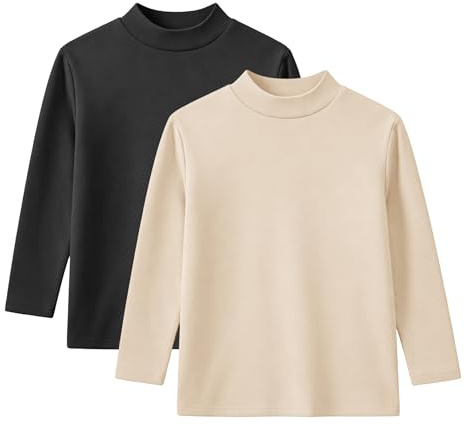 Rolanko Maglietta a Maniche Lunghe per Ragazze, Termiche Basiche Maglie in Pile Canottiera a Collo Alto per Bambini 2 Confezioni, Nero Beige, 150, 10-11 Anni