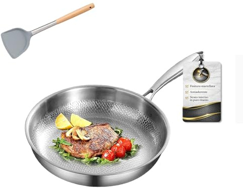 Generico Professionale Padella In Titanio Puro, Rivestimento Antiaderente In Titanio Puro E Acciaio Inox 304, Adatta A Piani Cottura A Induzione E A Gas (Senza coperchio, Diametro-24cm)