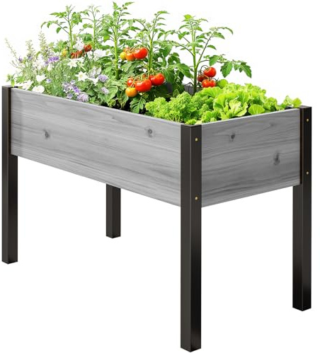 SUNYRISY Hochbeet für Balkon und Garten mit Metallbeine 116x60x80cm | Holz Pflanzkasten Blumenkasten Kräuterbeet Pflanzbeet Blumenbeet Hochbeete-kit für Terrasse, Grau