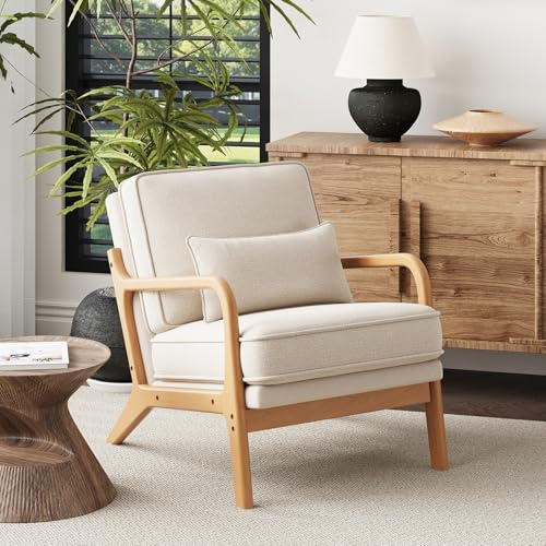 COLAMY Sessel Wohnzimmer Mid-Century Modern, Loungesessel mit Lendenkissen, Massivholzrahmen & weichem Polster, bequemer Lesesessel für Wohnzimmer und Schlafzimmer, Beige