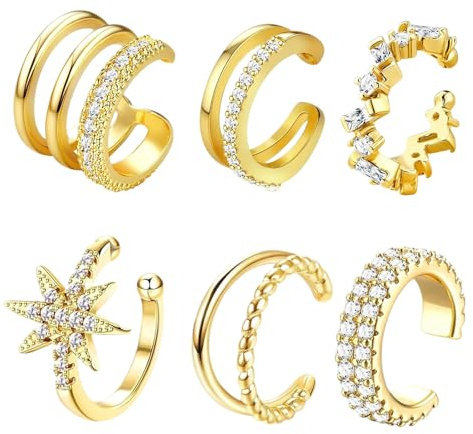 HTTDSLF 6Pcs Ear Cuff Pendientes No Piercing, Earcuff Pendientes Oreja Sin Agujero para Mujere, Helix Cartílago Pendiente de clip para Niñas Hipoalergénicos, Ajustable Ear Cuffs Joyas sin Agujeros