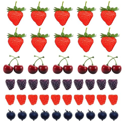 JINJUMEI 50 Pz Frutas Artificiales, Artificiales Natural Fresas, Arándanos Artificiales, Plastico Cereza Falsas Decorativas, Frambuesa para Decoración de Fiesta, Hogar, Cocina, Fotografía, Accesorio
