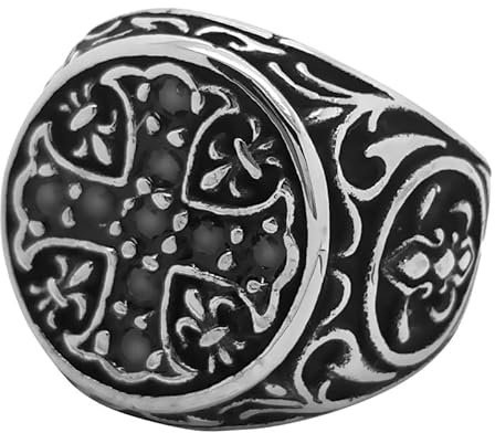 BOBIJOO Jewelry - Bague Chevalière Acier Croix Pattée Templier Fleur de Lys Strass Noir Médiéval - 66 (11 US)