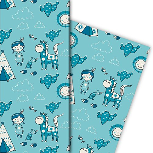 Tolles Kinder Geschenkpapier Set (4 Bogen), Dekorpapier, Papier zum Einpacken mit Indianer Pferd Zelt und Sonne, hellblau, für tolle Geschenk Verpackung und Überraschungen 32 x 48cm