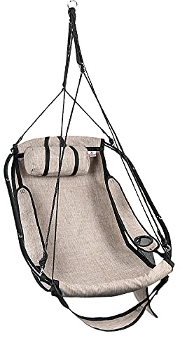 Bathonly Hängesessel mit Fußstütze, Sky Chair mit Metallstange, Hängeschaukel, Hängestuhl Outdoor Mit Seitentasche, Getränkehalter, Stützkissen, bis 150 Kg Belastbar, Beige