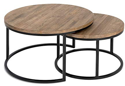 RIVERBANK® Hochwertiger Couchtisch aus Eiche & Metall, Satztisch aus Massiv Holz im 2er Set, Wohnzimmertisch aus Echtholz, Rund & Modern Couch Beistelltisch 50 cm hoch Wohnzimmer Tisch in Dunkelbraun