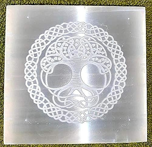 crystalmiracle Selenita 3 Árbol de la vida Grabado Cuadrado Grabado al agua fuerte Placa de Reiki Cristal Curativo Piedra preciosa Energía positiva Meditación Bienestar Hecho a mano