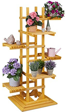 Relaxdays Blumentreppe, Kräuterregal mit 6 Etagen, HxBxT 152,5 x 80 x 73 cm, Holz, Pflanzentreppe innen & außen, Natur